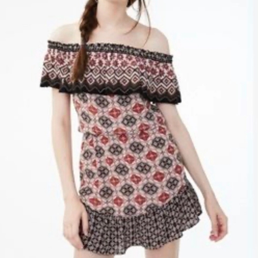 Off-Shoulder Printed Mini Dress in Black & Red